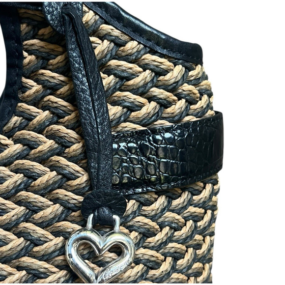 Brighton Woven Tan Straw Shoulder Bag Handbag Purse Black Croc Leather Handles - Picture 5 of 15